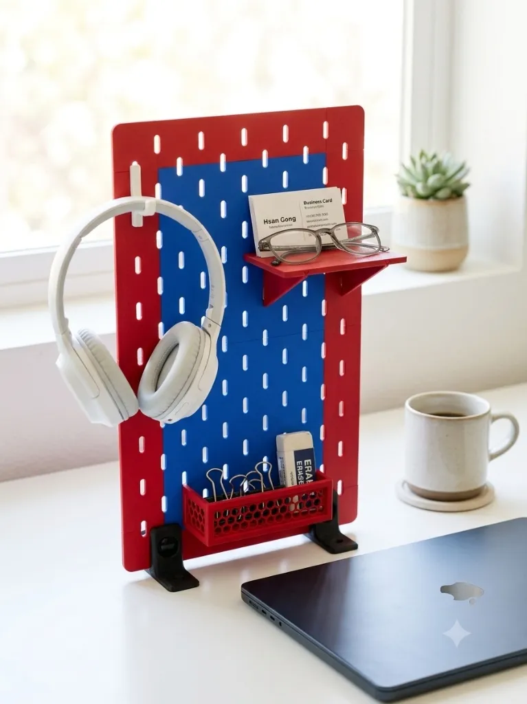 Kệ pegboard modular in 3D dễ thương trên bàn học gọn gàng